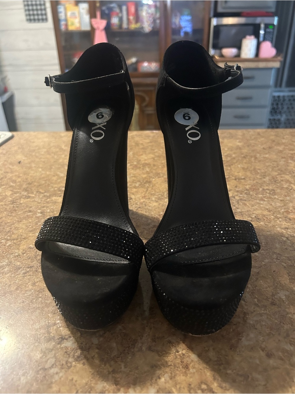 XOXO Black Rhinestone Platform Ankle-Strap Heels